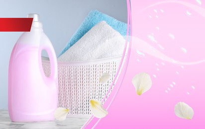 Fabric softener advertising design. Bottle of natural conditioner, soft clean towels, flying bubbles and flower petals