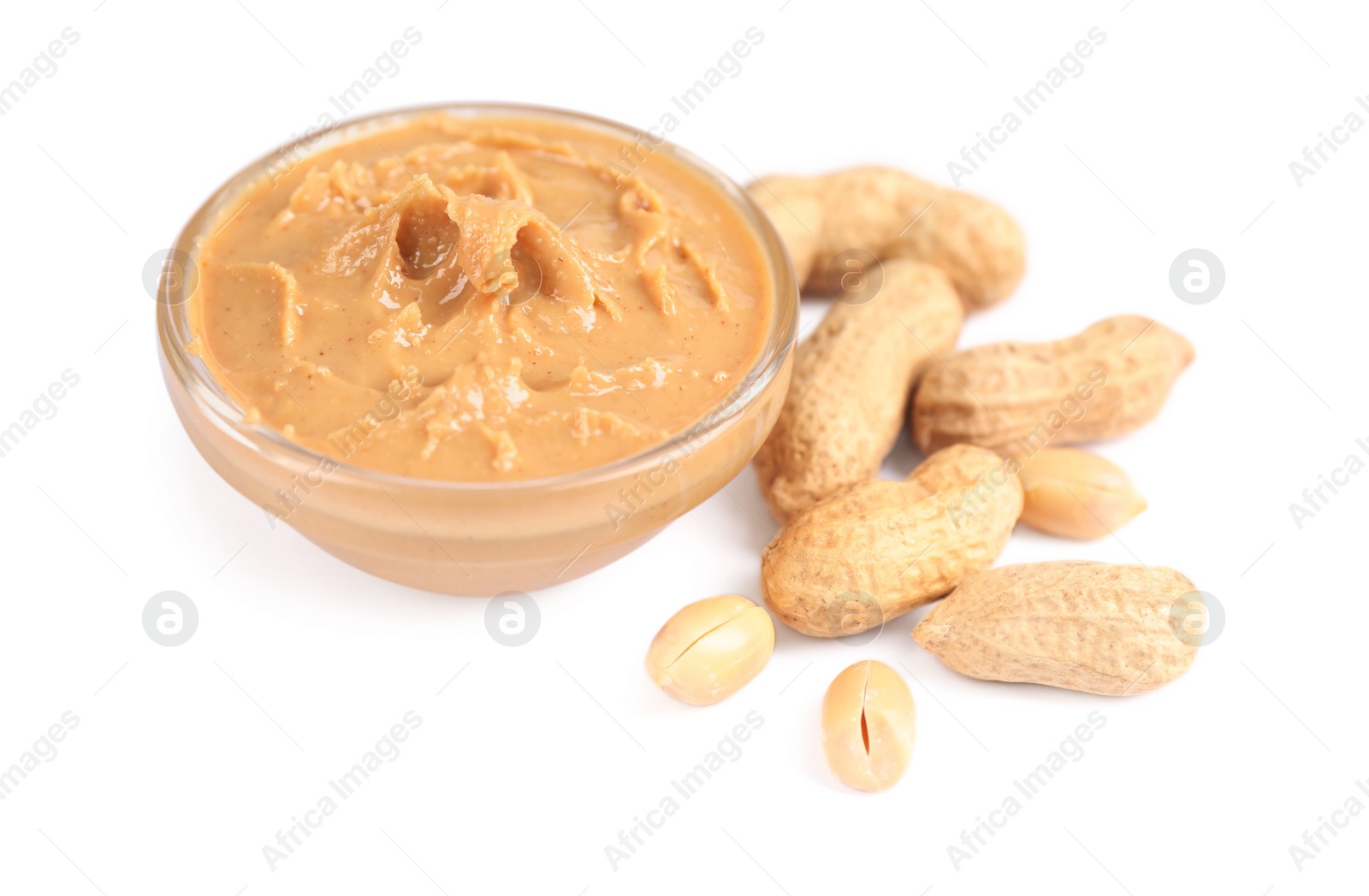 Photo of Delicious nut butter and peanuts isolated on white