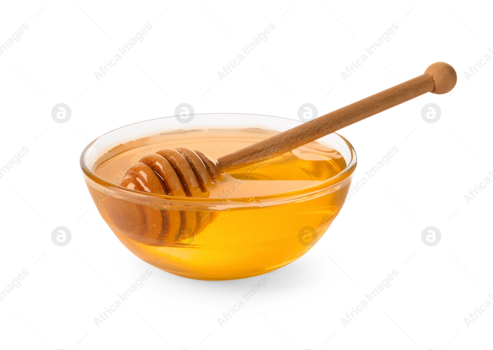 Photo of Tasty honey in bowl and dipper isolated on white