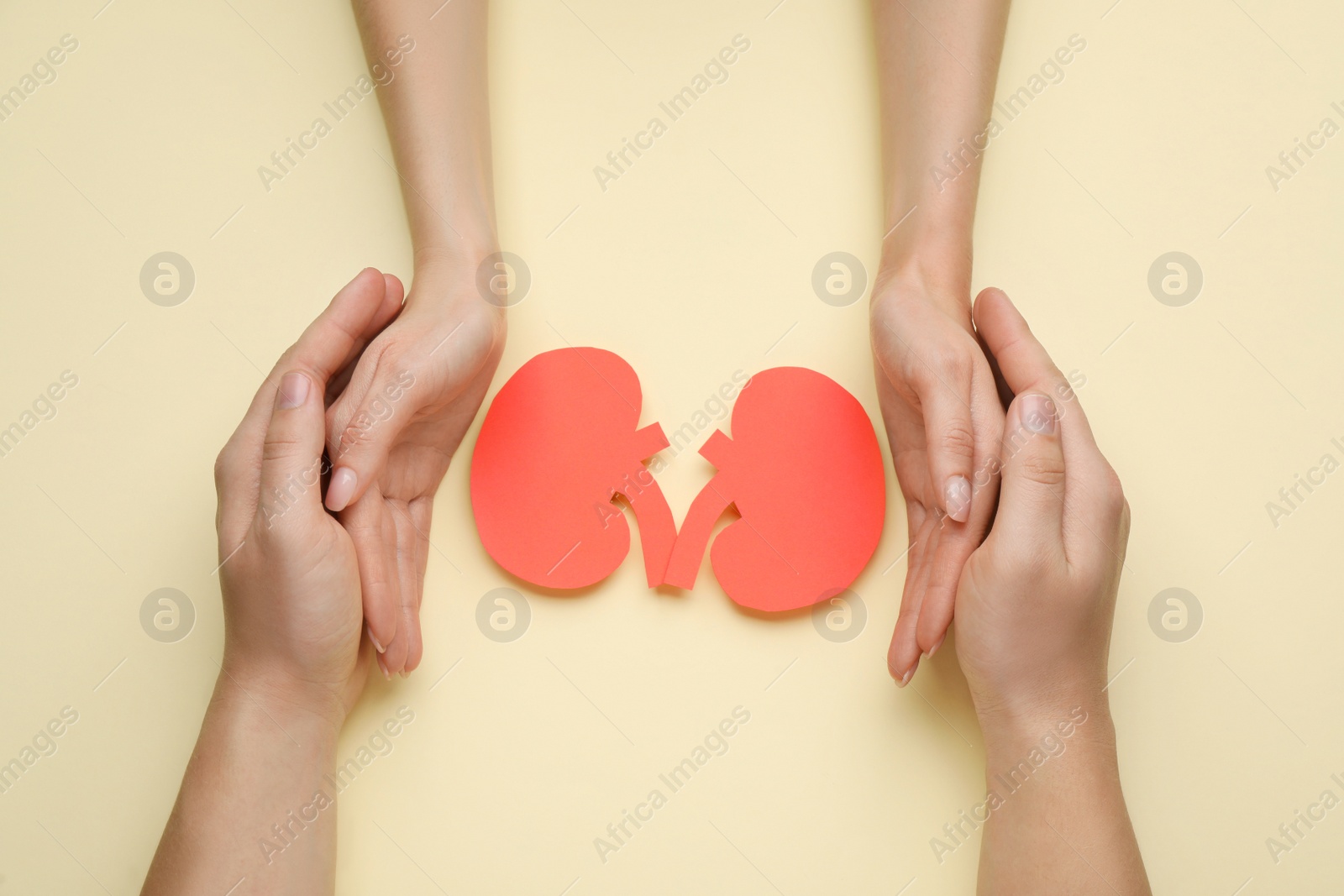 Photo of People protecting paper cutout of kidneys on beige background, top view