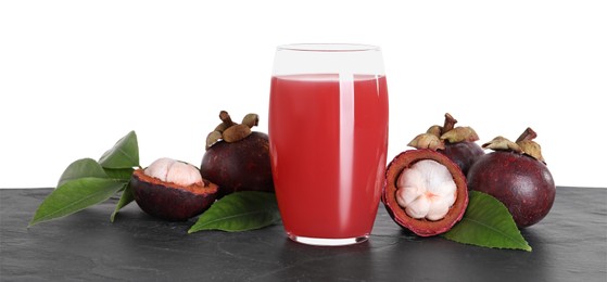 Photo of Delicious mangosteen juice and fresh fruits on black table against white background