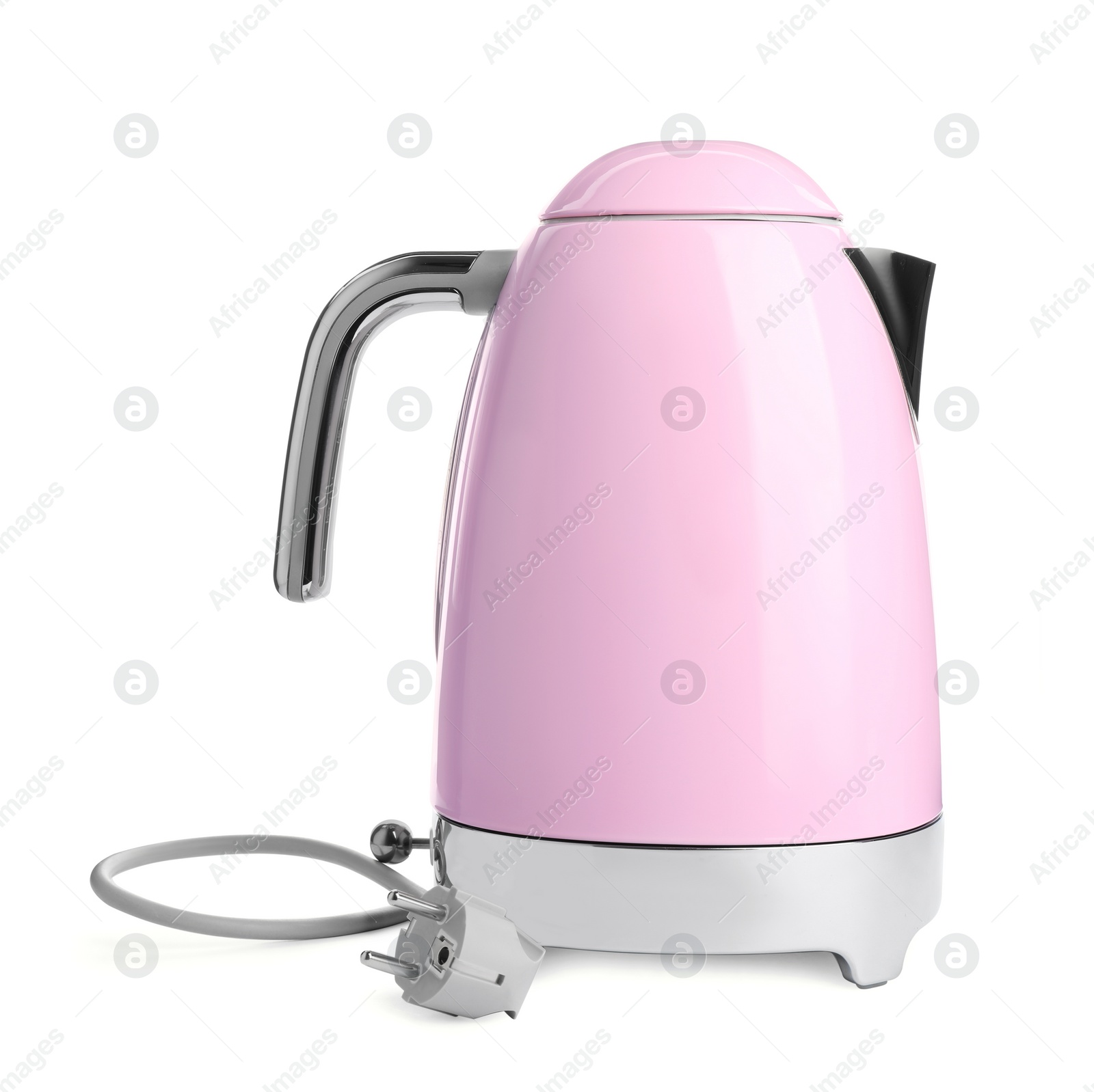 Photo of Modern pink electric kettle with base and plug isolated on white