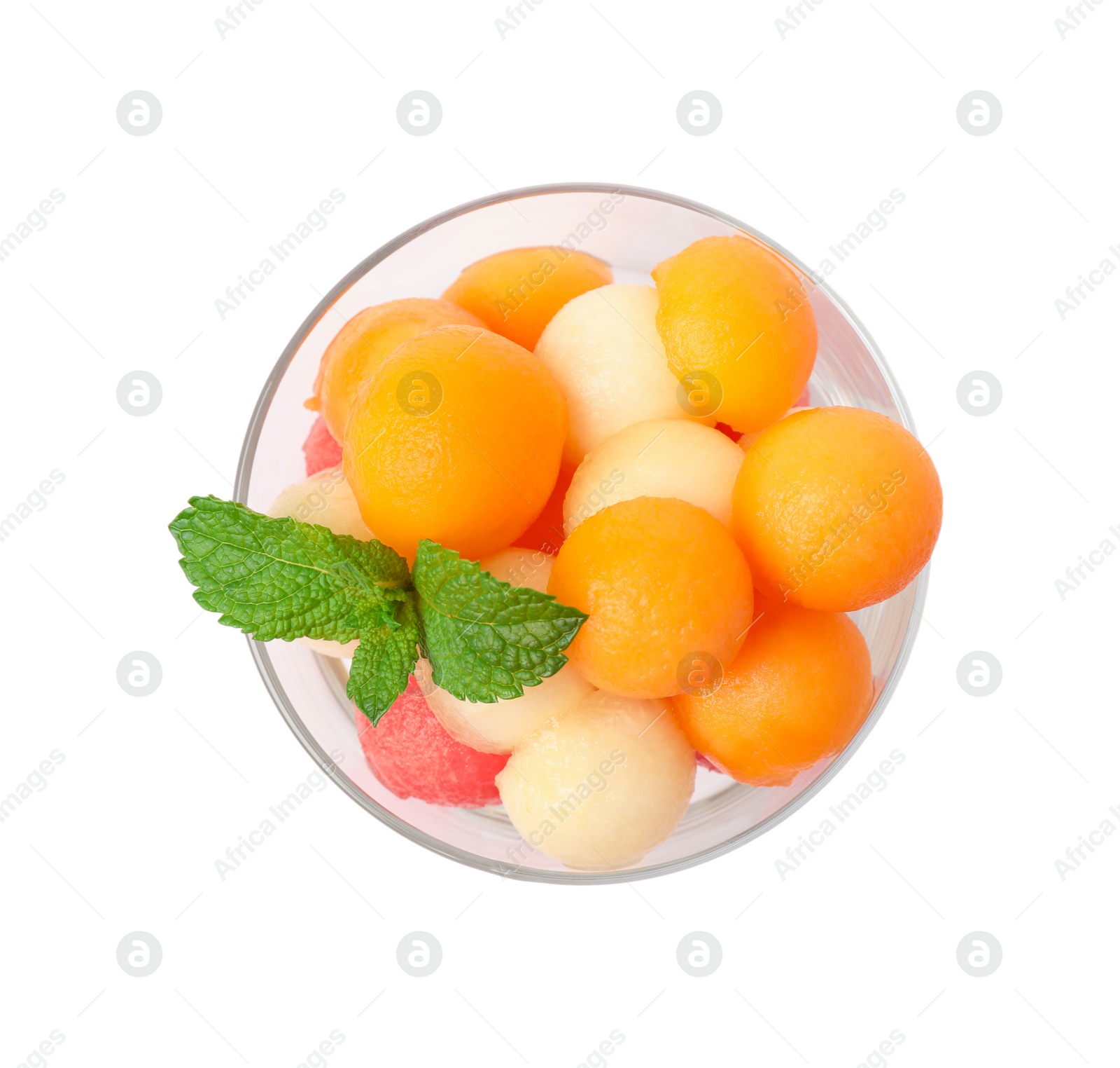 Photo of Melon and watermelon balls with mint in bowl on white background, top view