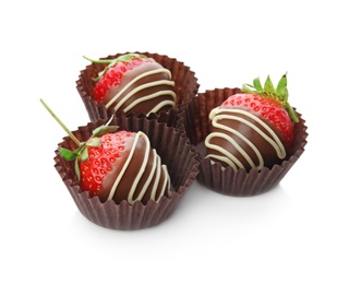 Photo of Delicious chocolate covered strawberries on white background