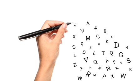 Image of Woman writing letters and they flying away on white background, closeup