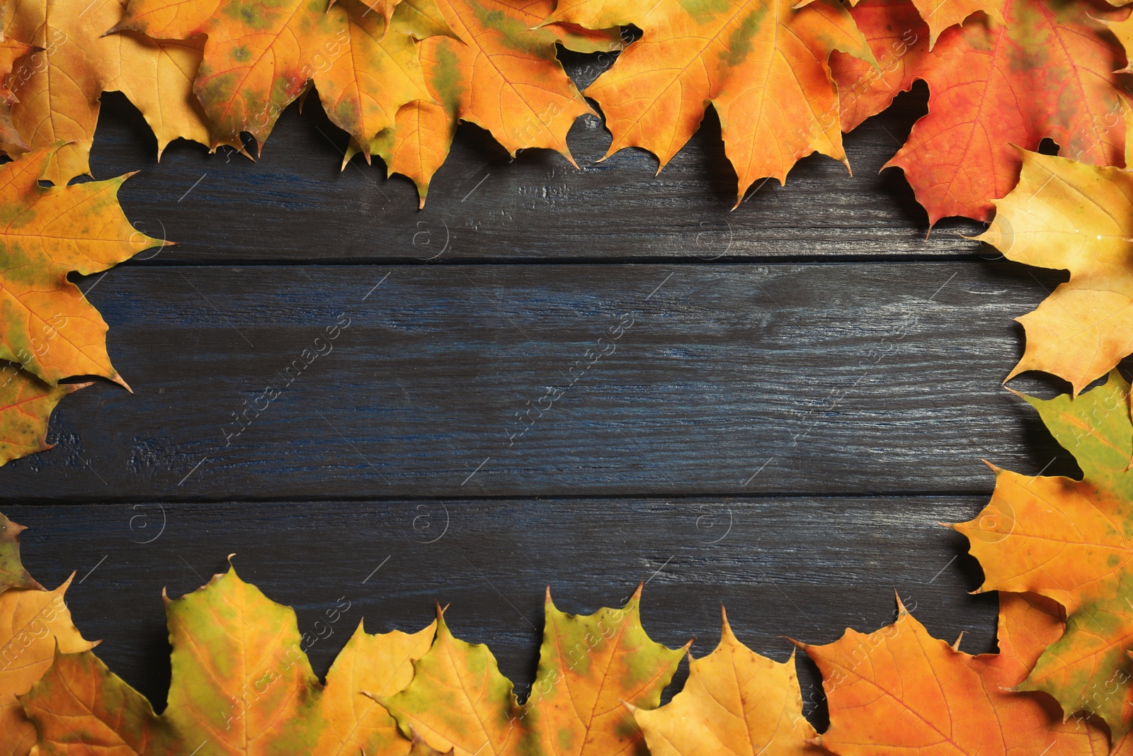 Photo of Frame made of autumn leaves on wooden background, top view with space for text