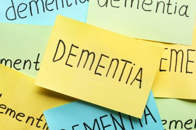 Paper notes with word Dementia as background, top view