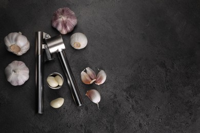 Photo of Garlic press, bulbs and cloves on grey table, flat lay. Space for text