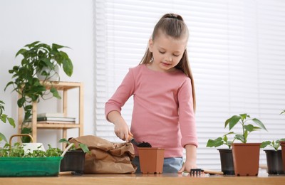 Photo of Cute little girl planting seedling into pot at wooden table in room