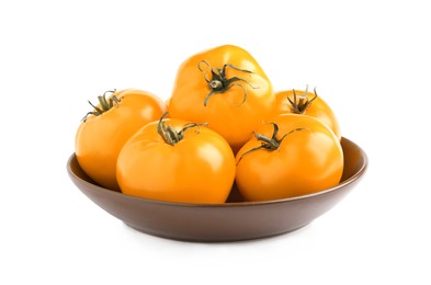 Photo of Bowl of fresh ripe yellow tomatoes isolated on white