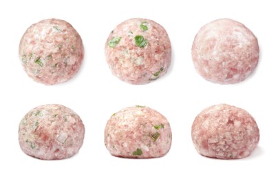 Image of Set with fresh raw meatballs on white background, top view 