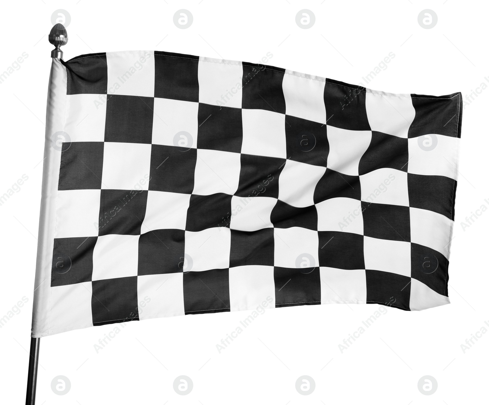 Photo of Checkered finish flag on white background. Auto racing symbol