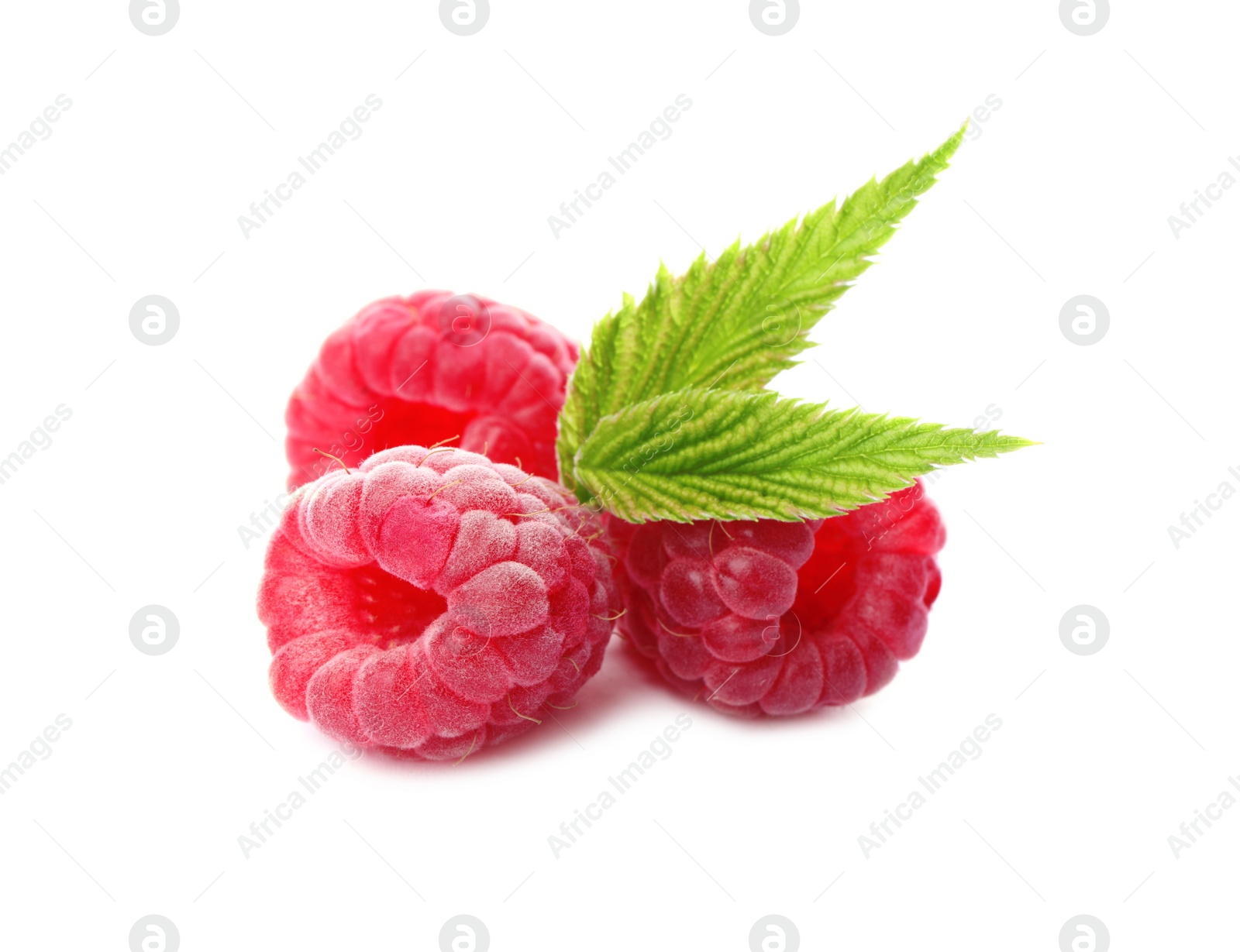 Photo of Delicious fresh ripe raspberries with leaves on white background