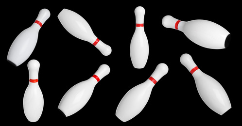 Image of Bowling pins with red stripes on black background
