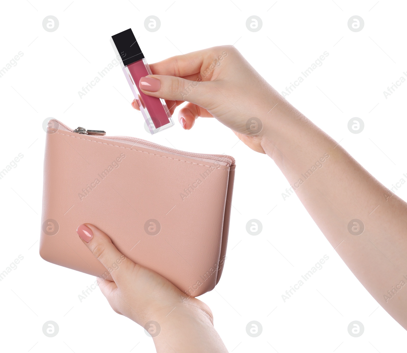 Photo of Woman with cosmetic bag and lipstick isolated on white, closeup