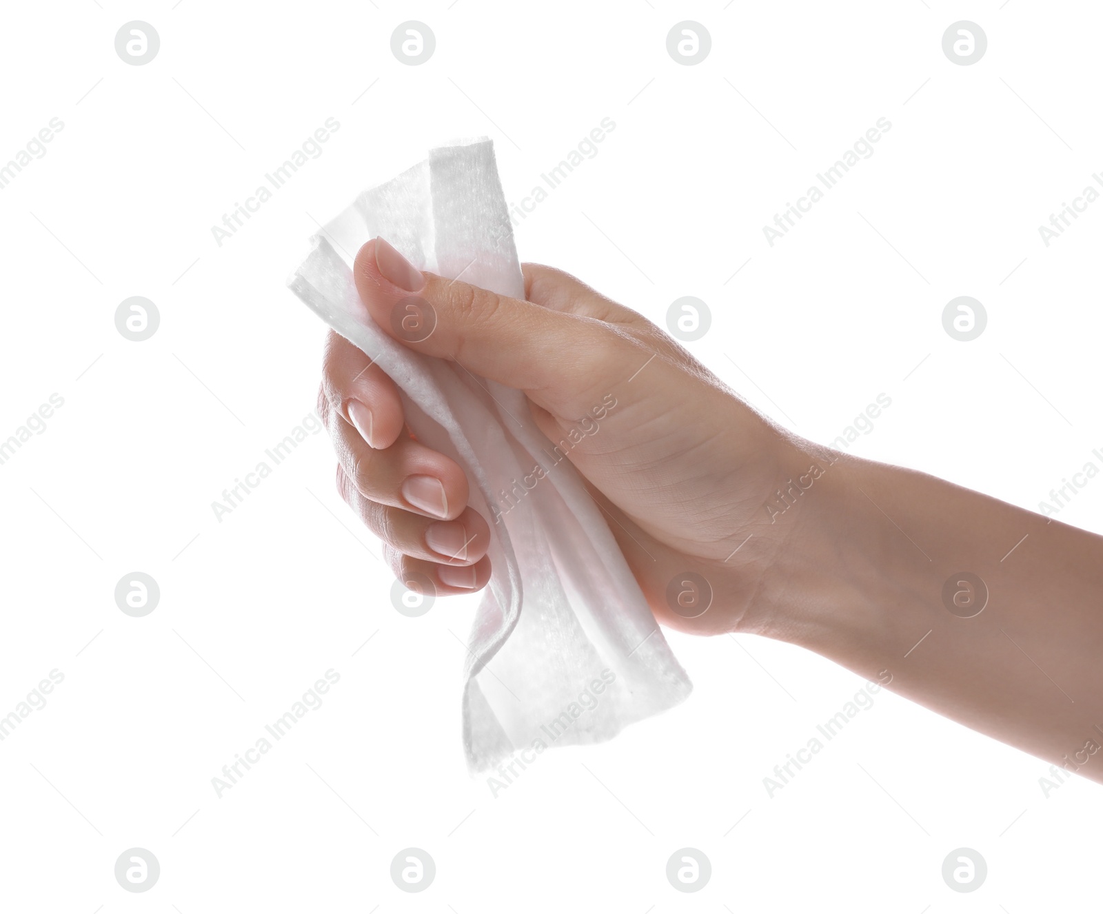 Photo of Woman holding wet wipe on white background, closeup