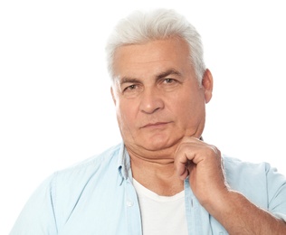 Mature man with double chin on white background