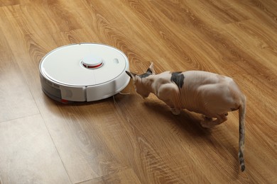 Photo of Robotic vacuum cleaner and cute Sphynx cat eating treats on wooden floor