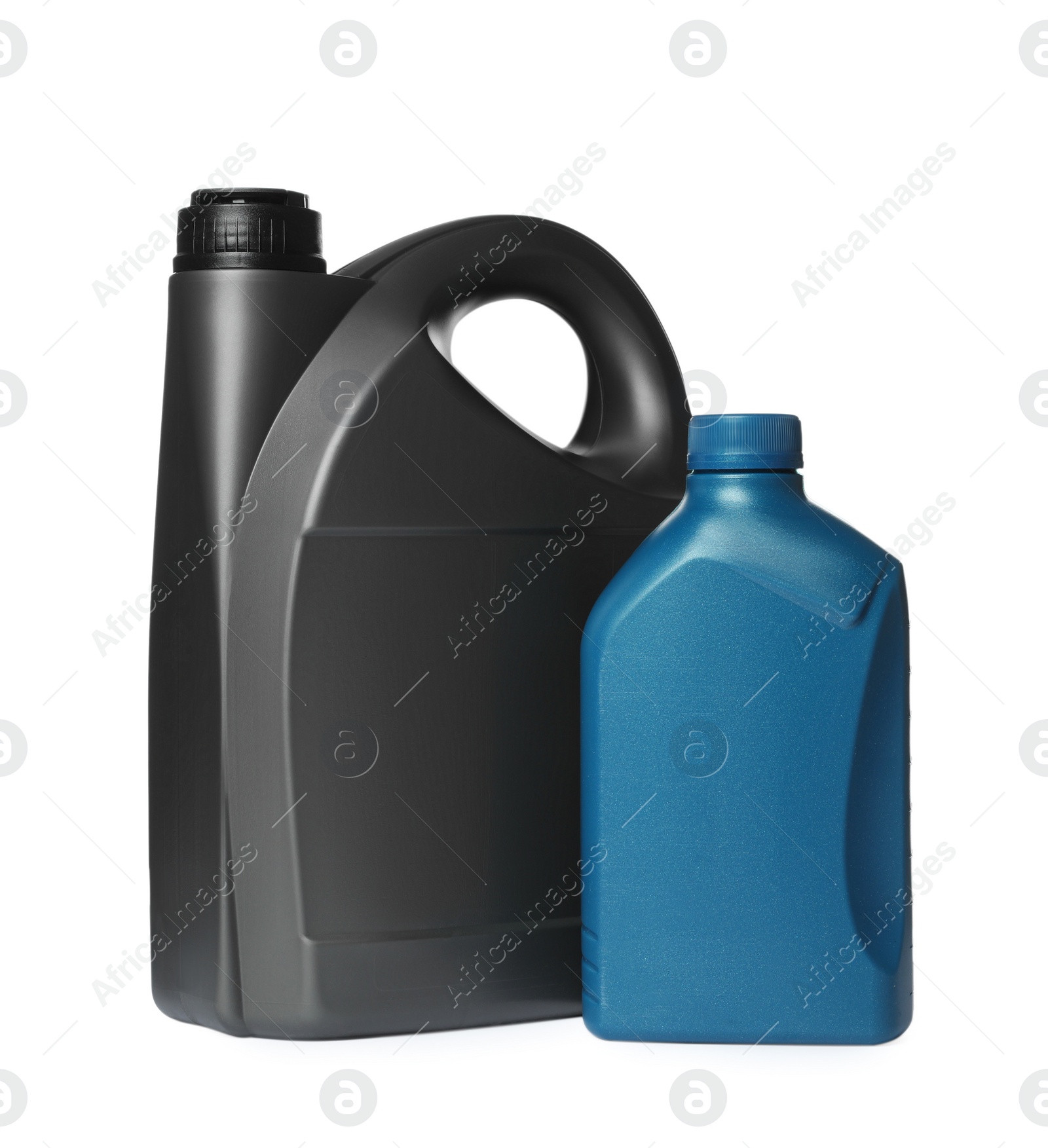 Photo of Motor oil in different containers on white background