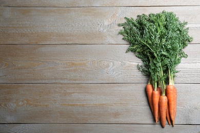 Fresh carrots on wooden table, top view. Space for text