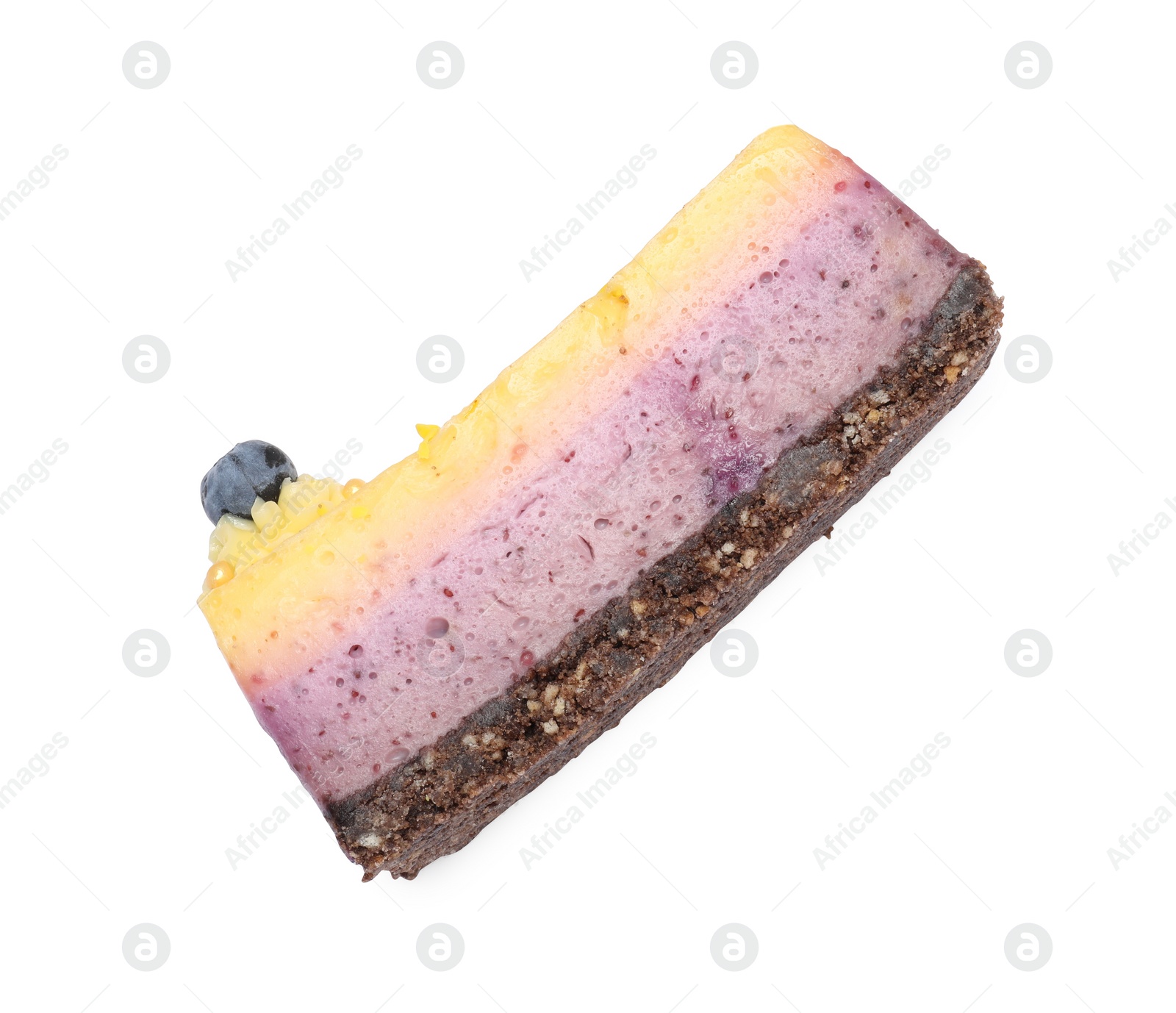 Photo of Delicious cheesecake with blueberry isolated on white, top view