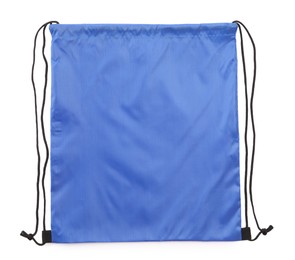 Photo of One blue drawstring bag isolated on white