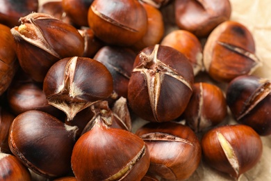 Photo of Tasty roasted edible chestnuts on parchment, closeup