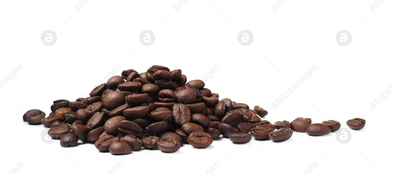 Photo of Pile of roasted coffee beans on white background