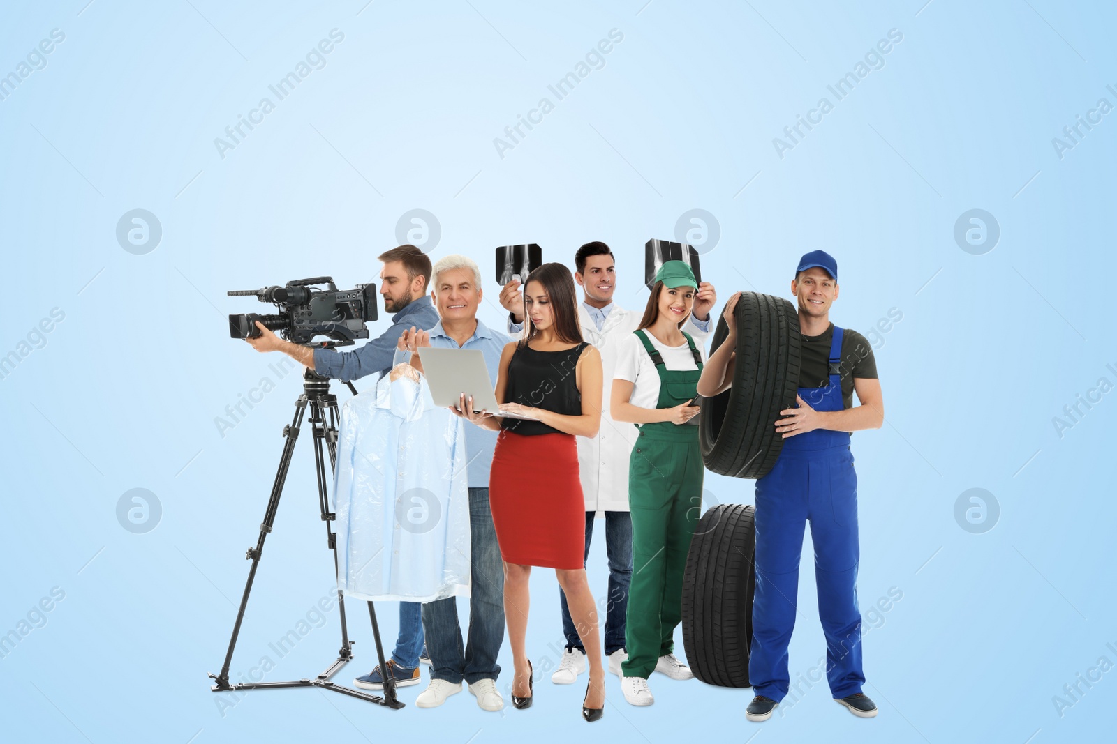 Image of Choosing profession. People of different occupations on light blue background