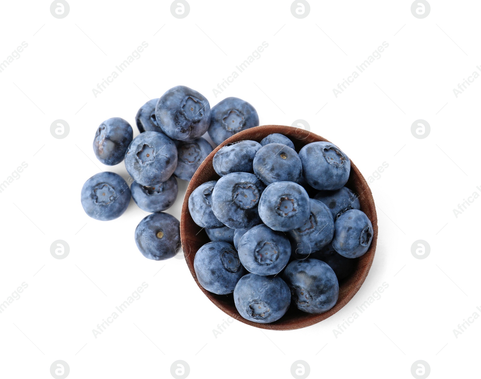 Photo of Bowl full of fresh ripe blueberries on white background, top view