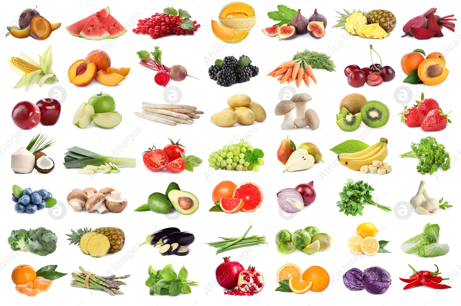 Image of Assortment of organic fresh fruits and vegetables on white background