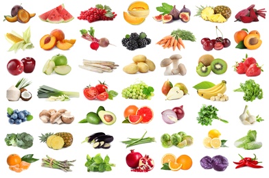 Image of Assortment of organic fresh fruits and vegetables on white background