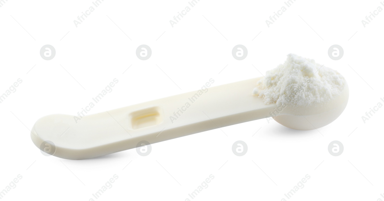 Photo of Measuring scoop of powdered infant formula isolated on white. Baby milk