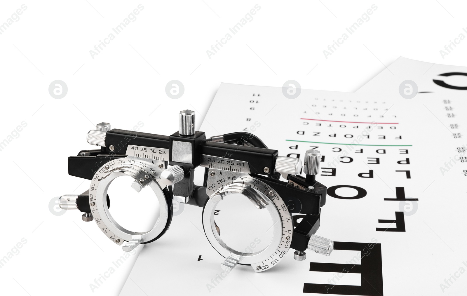 Photo of Trial frame and vision test charts isolated on white