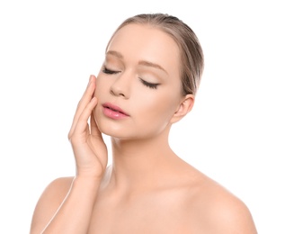 Photo of Portrait of young woman with beautiful face on white background