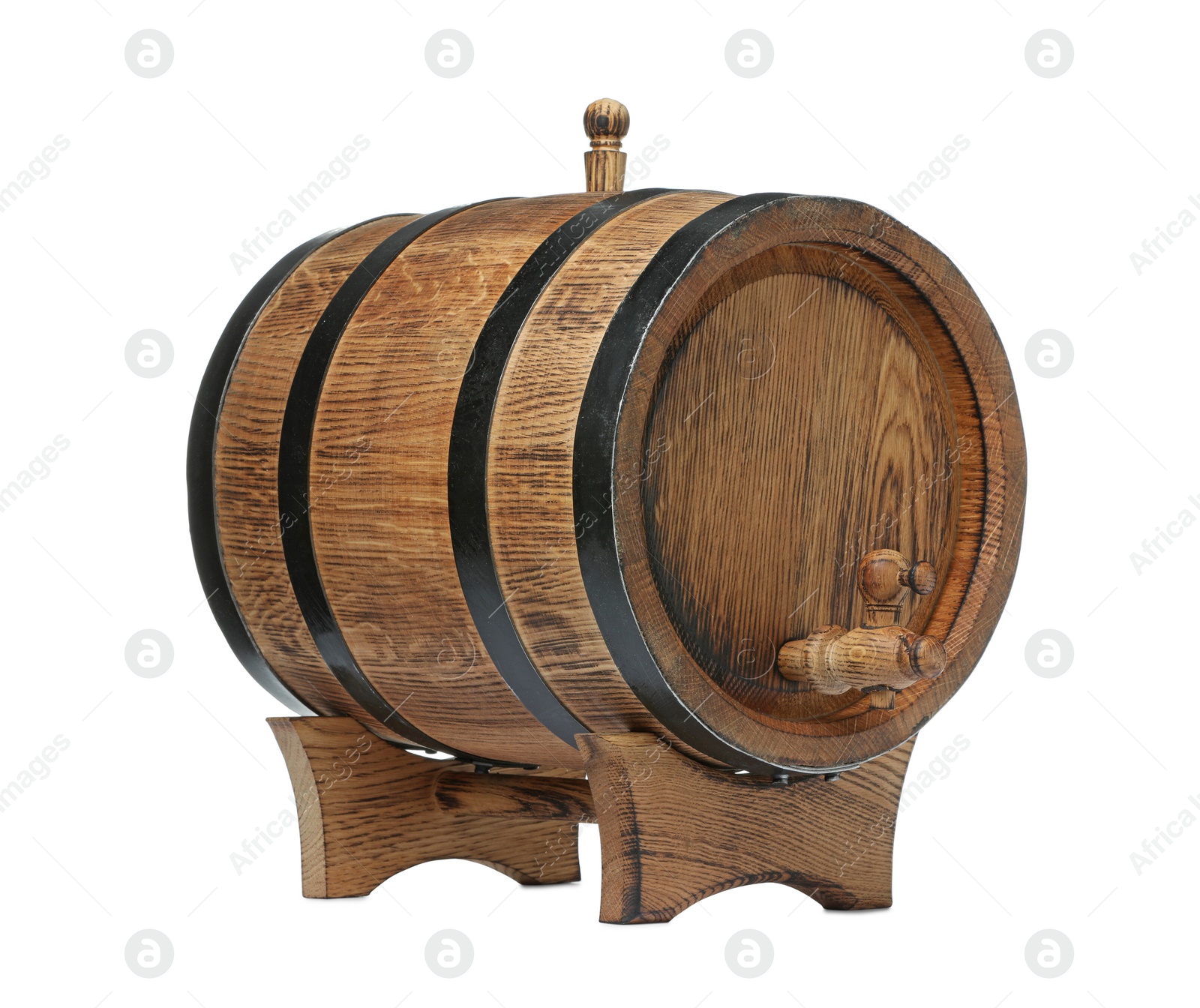 Photo of One wooden barrel with tap on white background