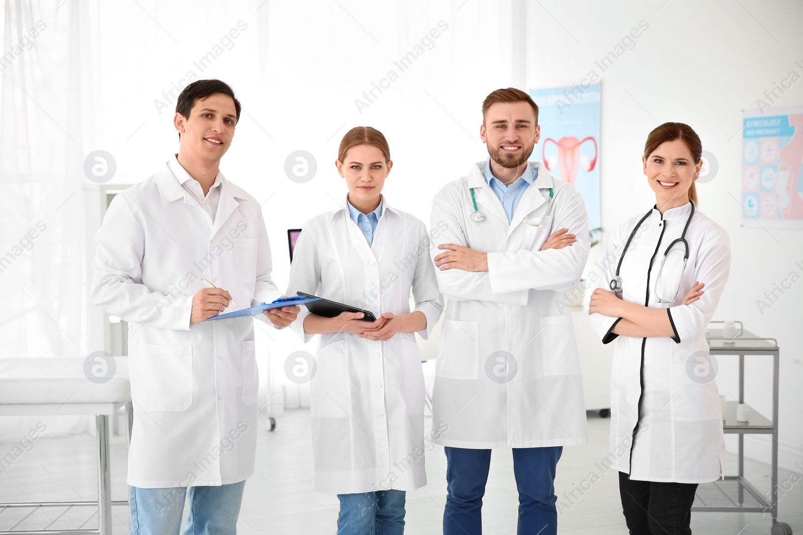 Photo of Young doctors wearing uniform in modern hospital. Gynecology department