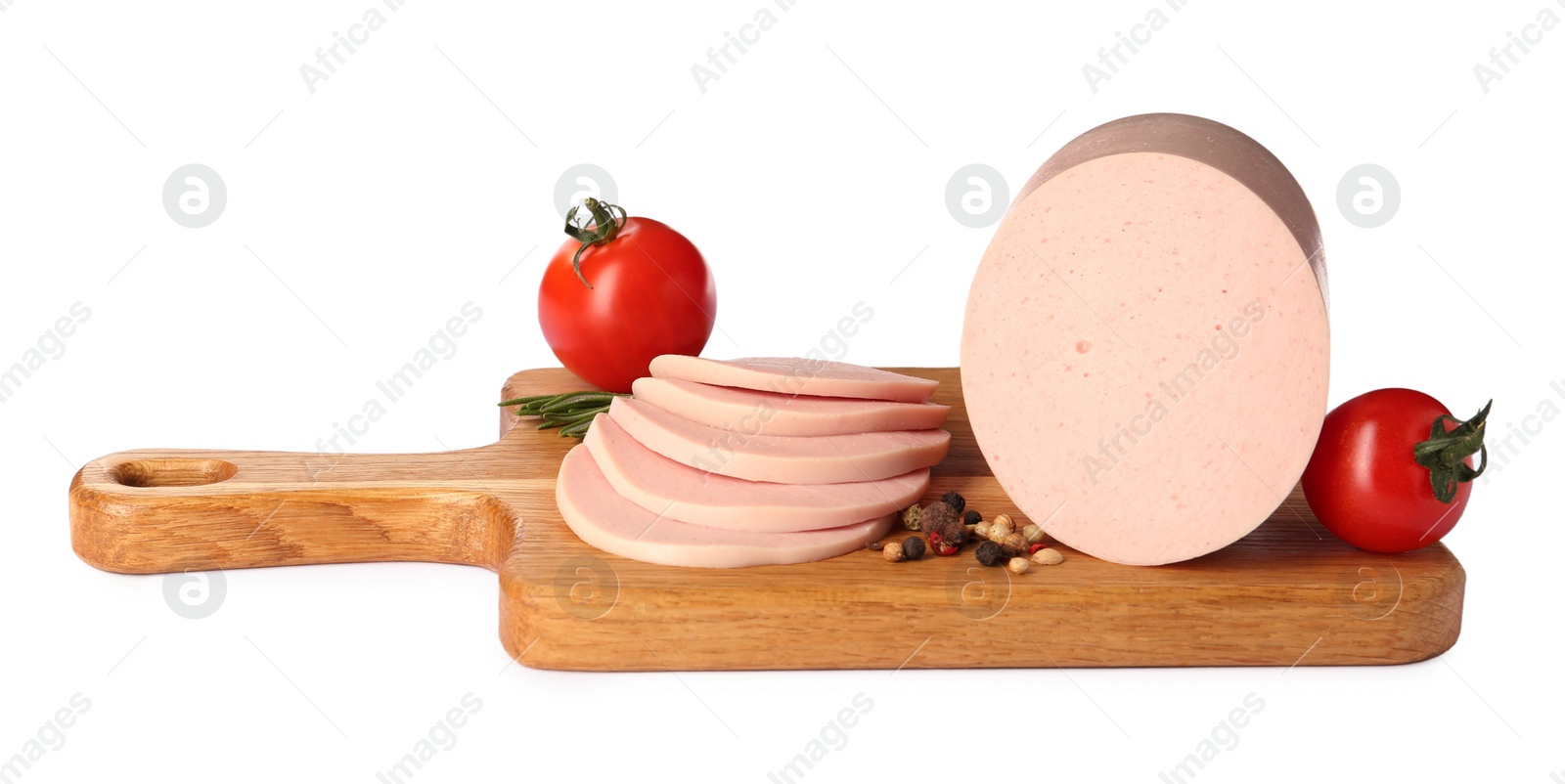 Photo of Wooden board with delicious boiled sausage, tomatoes, rosemary and peppercorns isolated on white