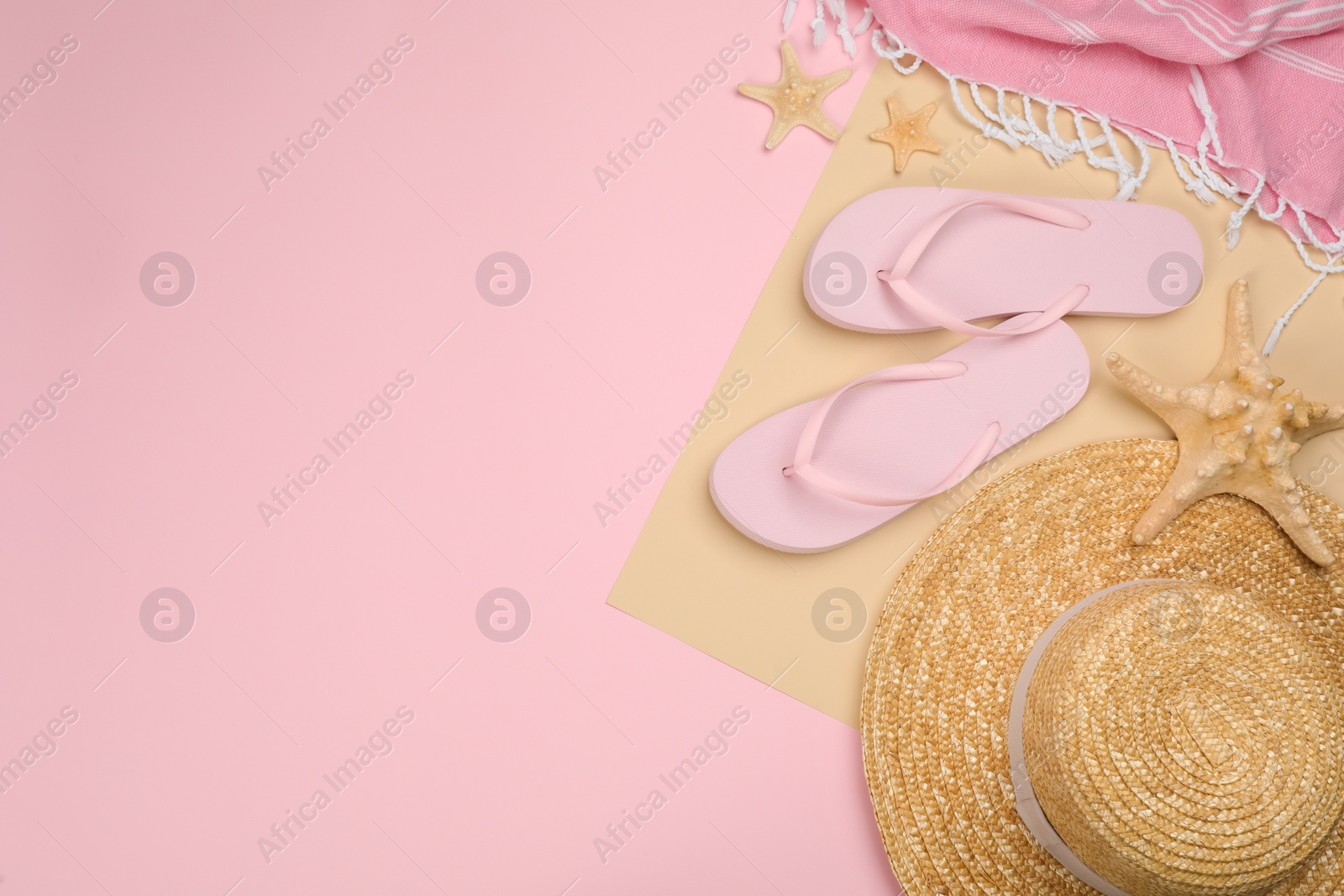 Photo of Flat lay composition with beach objects on color background, space for text