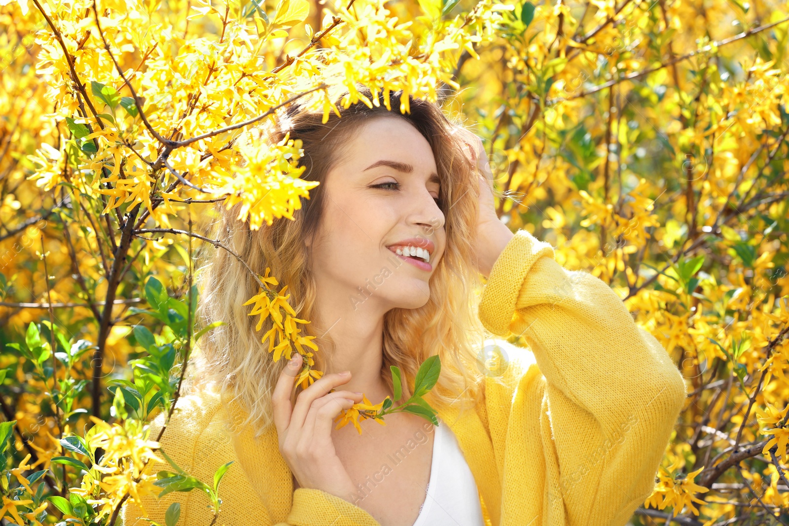 Photo of Attractive young woman posing near blossoming bush on sunny spring day