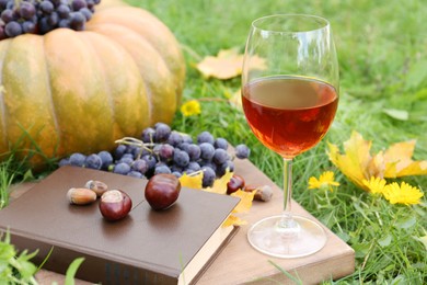 Photo of Glass of wine, book and chestnuts on wooden board outdoors. Autumn picnic