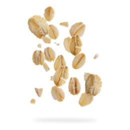 Image of Rolled oat flakes falling on white background