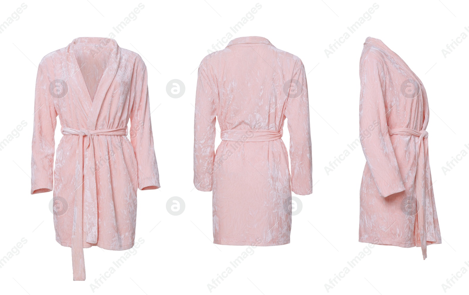 Image of Collage with light pink velour bathrobe on white background, different views