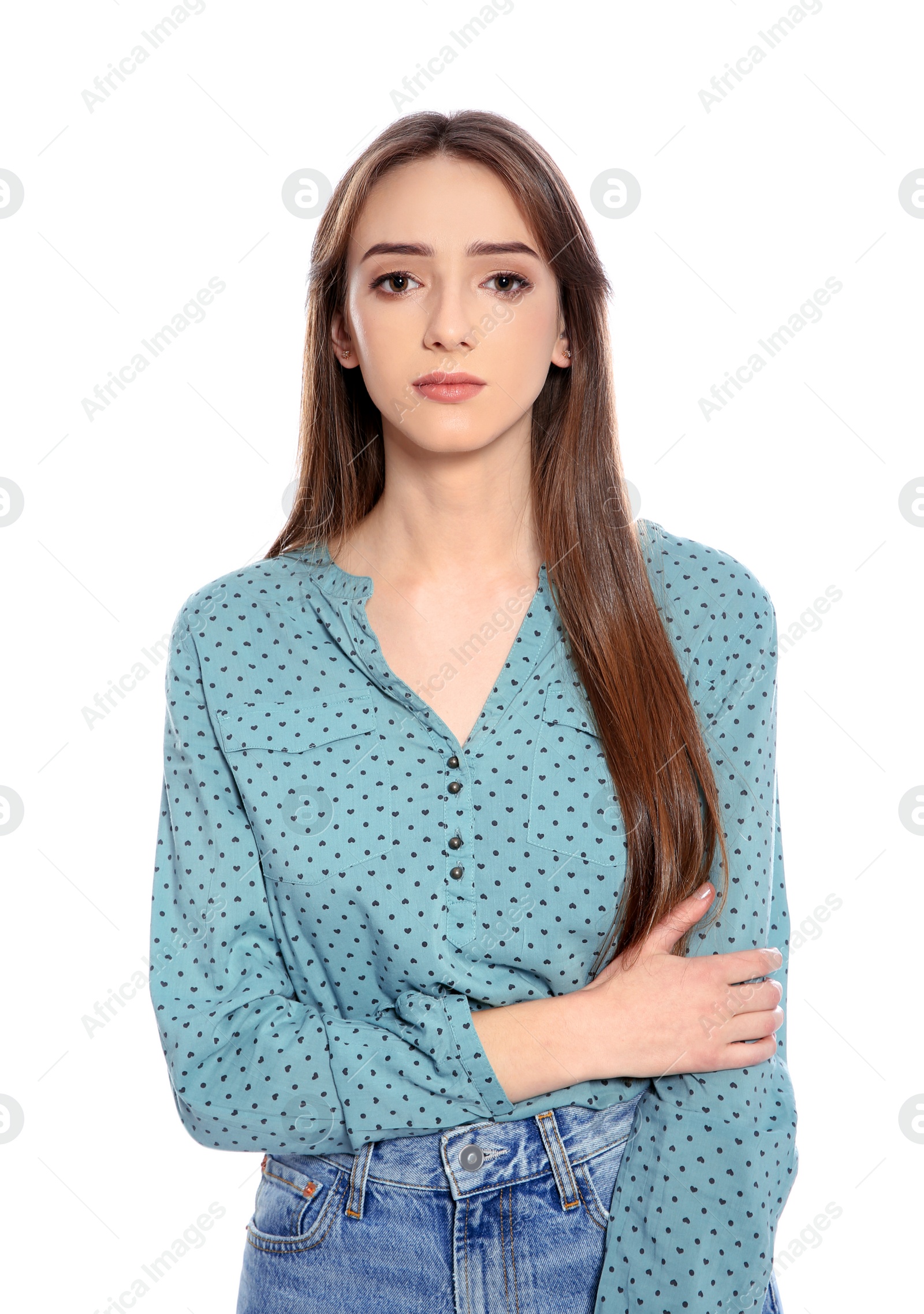 Photo of Portrait of beautiful young woman on white background