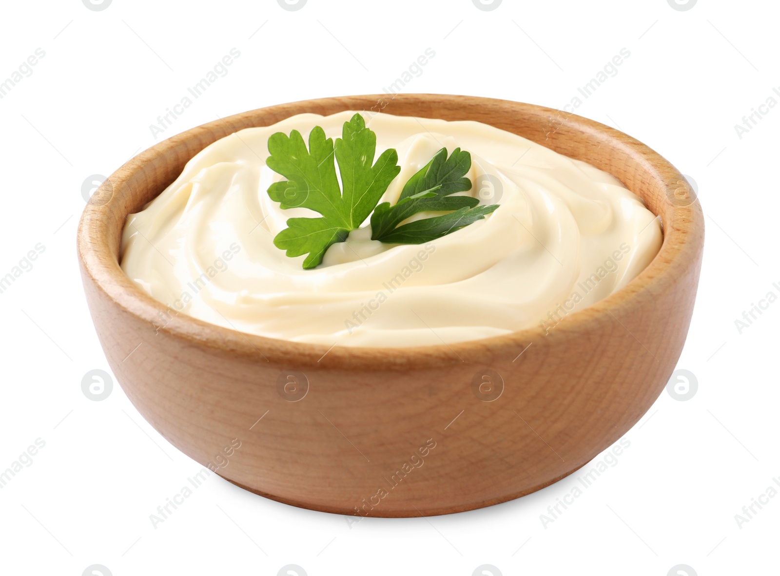 Photo of Bowl with delicious mayonnaise and parsley isolated on white