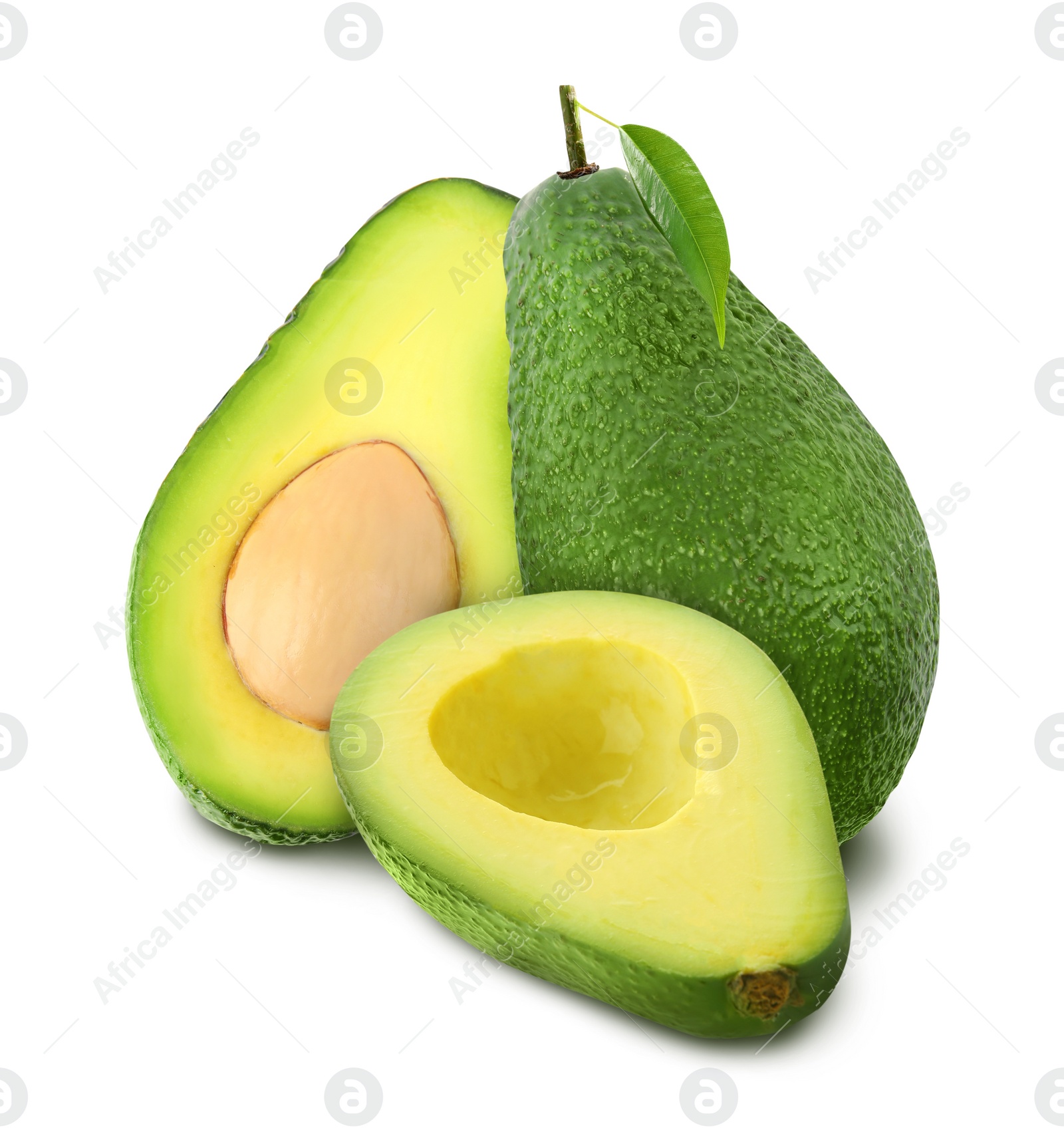 Image of Cut and whole fresh avocados on white background