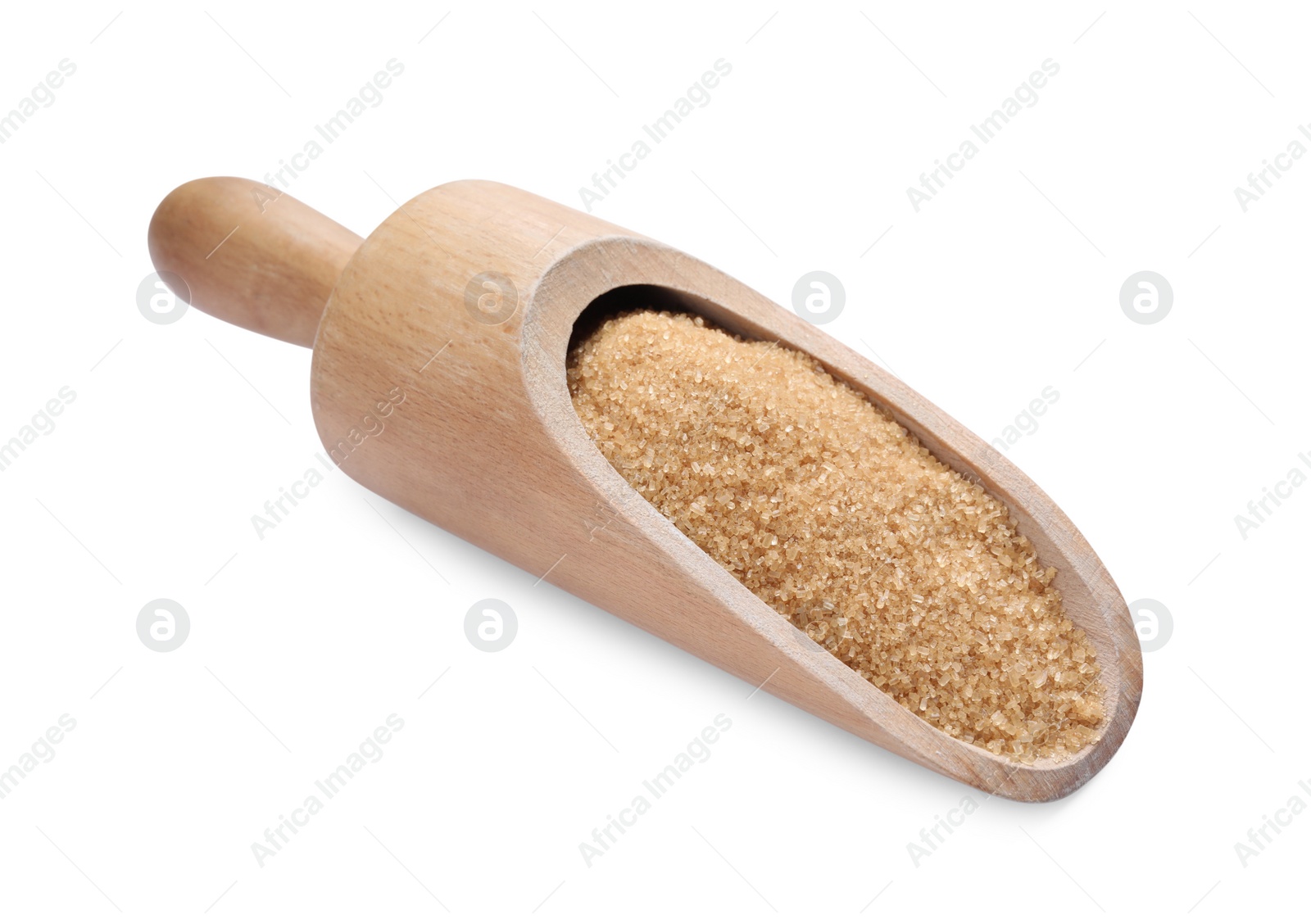 Photo of Wooden scoop with brown sugar isolated on white