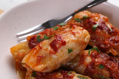 Photo of Delicious stuffed cabbage rolls cooked with homemade tomato sauce in bowl, closeup