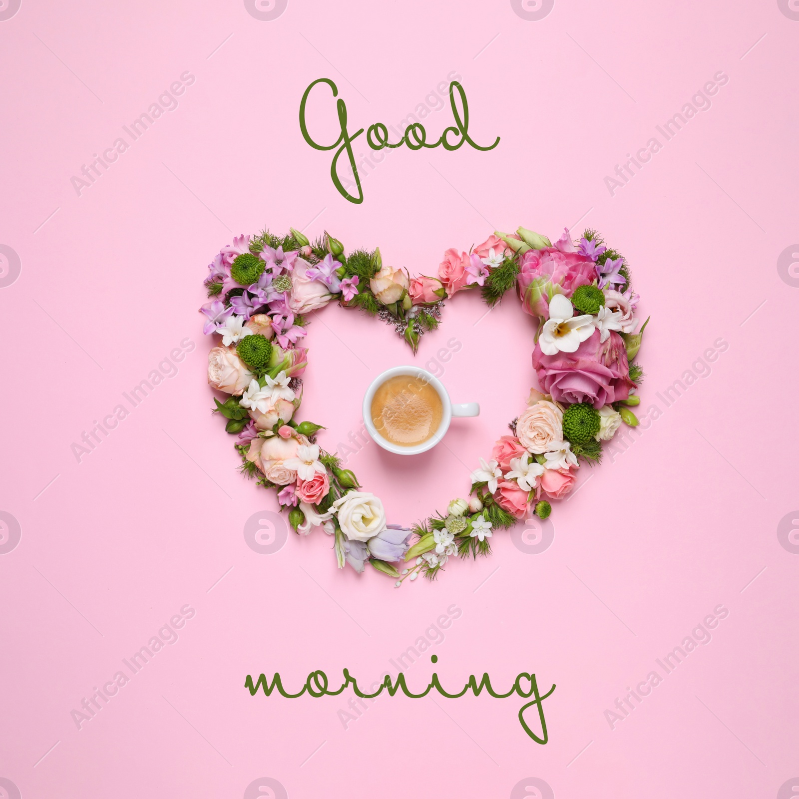 Image of Beautiful heart made of different flowers and coffee on pink background, flat lay. Good morning 