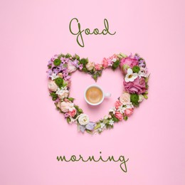 Beautiful heart made of different flowers and coffee on pink background, flat lay. Good morning 